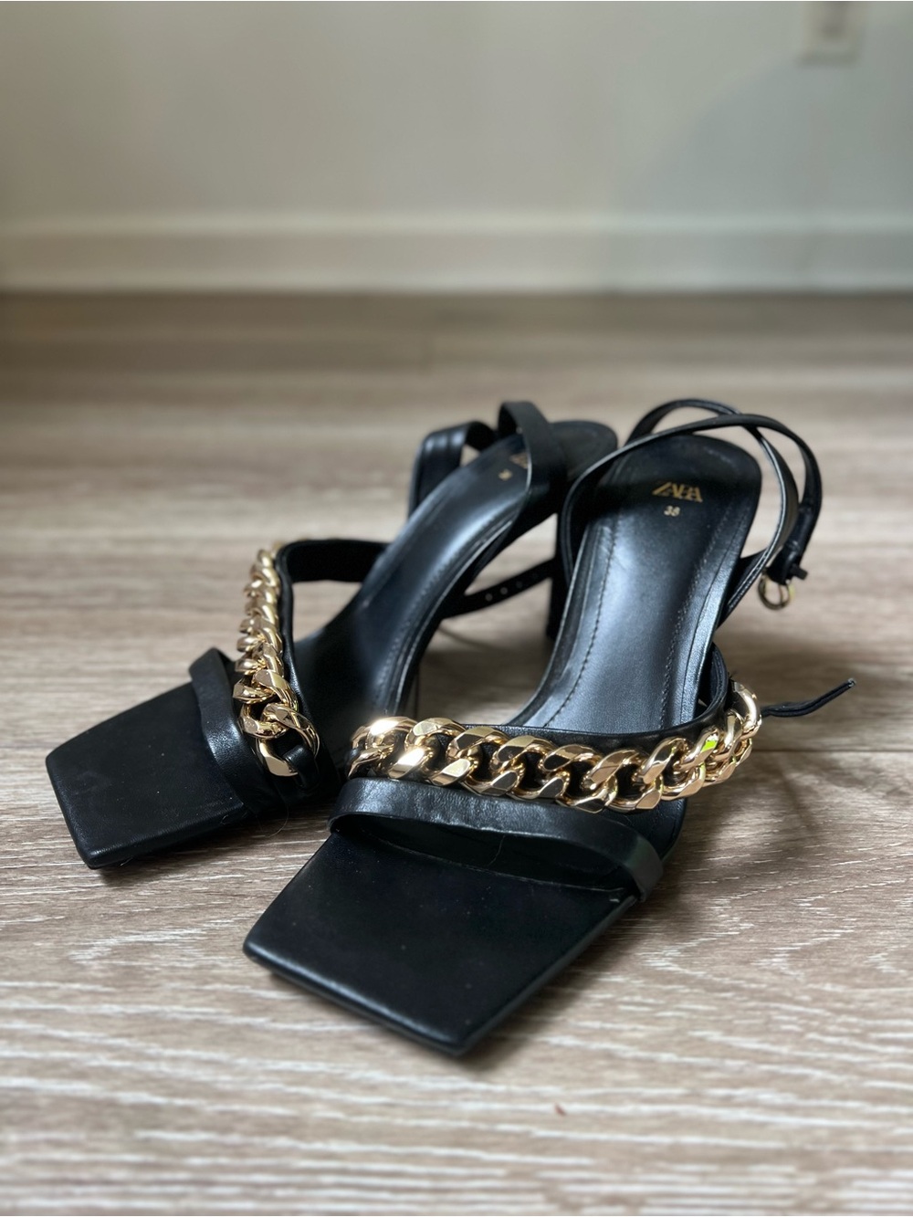 Zara Black Heeled Sandals with Gold Chain Accent